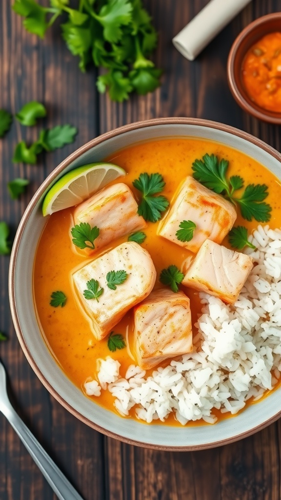 A bowl of salmon curry with coconut sauce and cilantro, served over jasmine rice, on a wooden table.